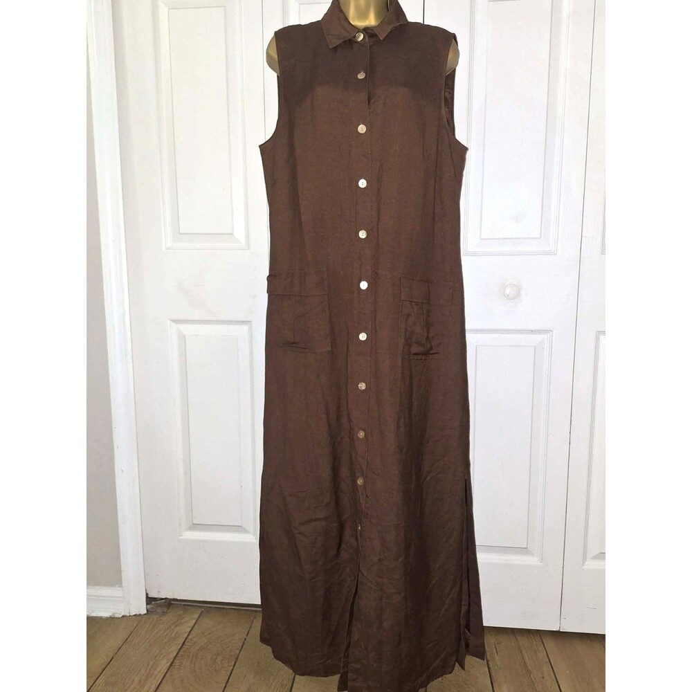 Brown Button Front Linen Blend Maxi Shirt Dress Sz 16 Lined Minimalist Lagenlook